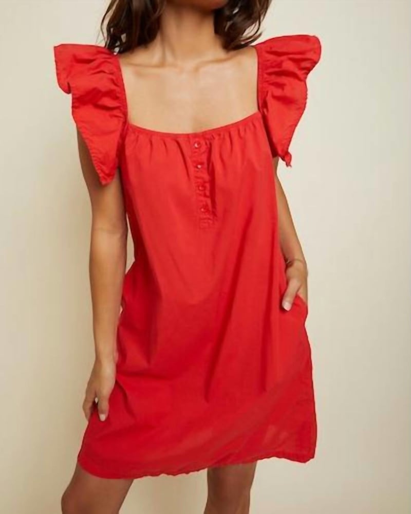 Front of a model wearing a size L Ophelia A-Line Ruffle Mini In Cherrybomb in Cherrybomb by Nation LTD. | dia_product_style_image_id:342875